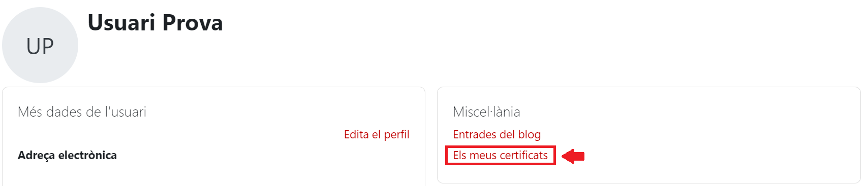 Es mostra la ubicació de l'enllaç "Els meus certificats"